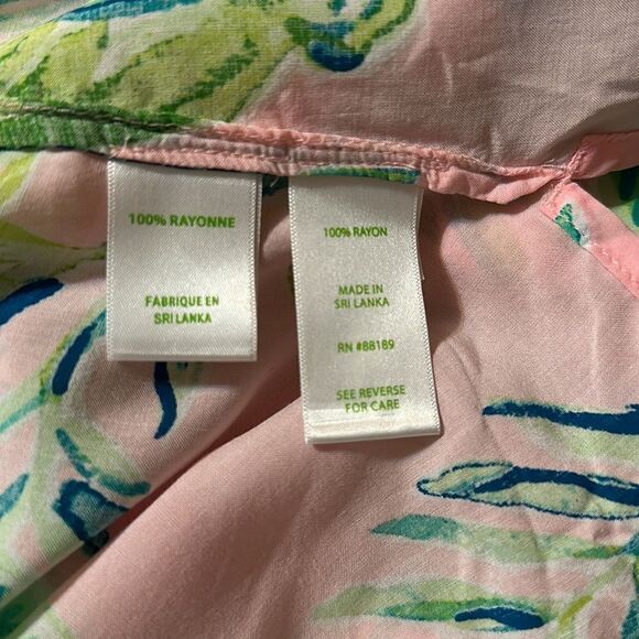Lilly Pulitzer L Willa Pink Green Tropical Long Flounce Sleeve Front Tie Top - Picture 11 of 12